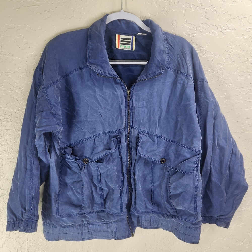 VTG 80s E.V.R. Womens Size Small 100% Silk Shell Windbreaker Navy Blue (Stained)